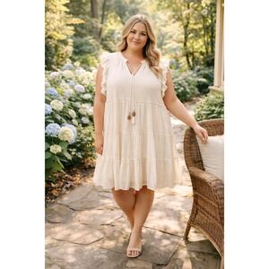 Indigo Rose White Tiered Babydoll Dress 1X Airy Gauze Ruffle Sleeve Peasant Boho